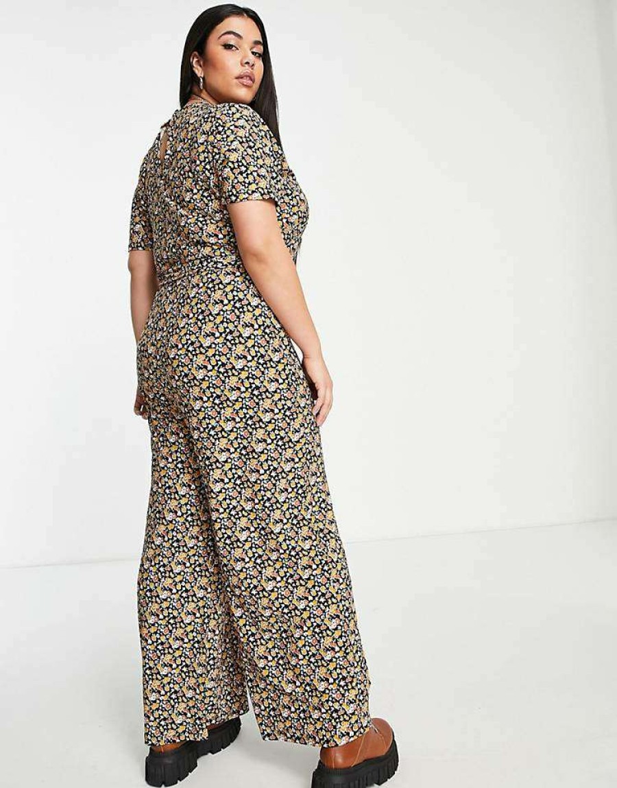 All In Ones * | Wednesday'S Girl Curve Relaxed Belted Jumpsuit With Wide Leg In Black Floral For Women Black Base Floral