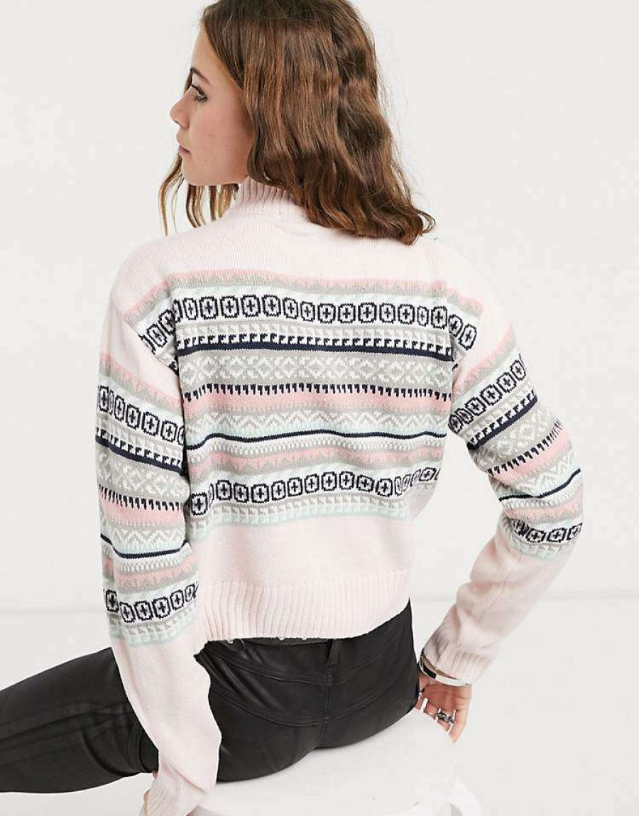 Knitwear & Sweats * | Wednesday'S Girl High Neck Jumper With Zip In Pattern Stripe Knit For Women Pnik Multi