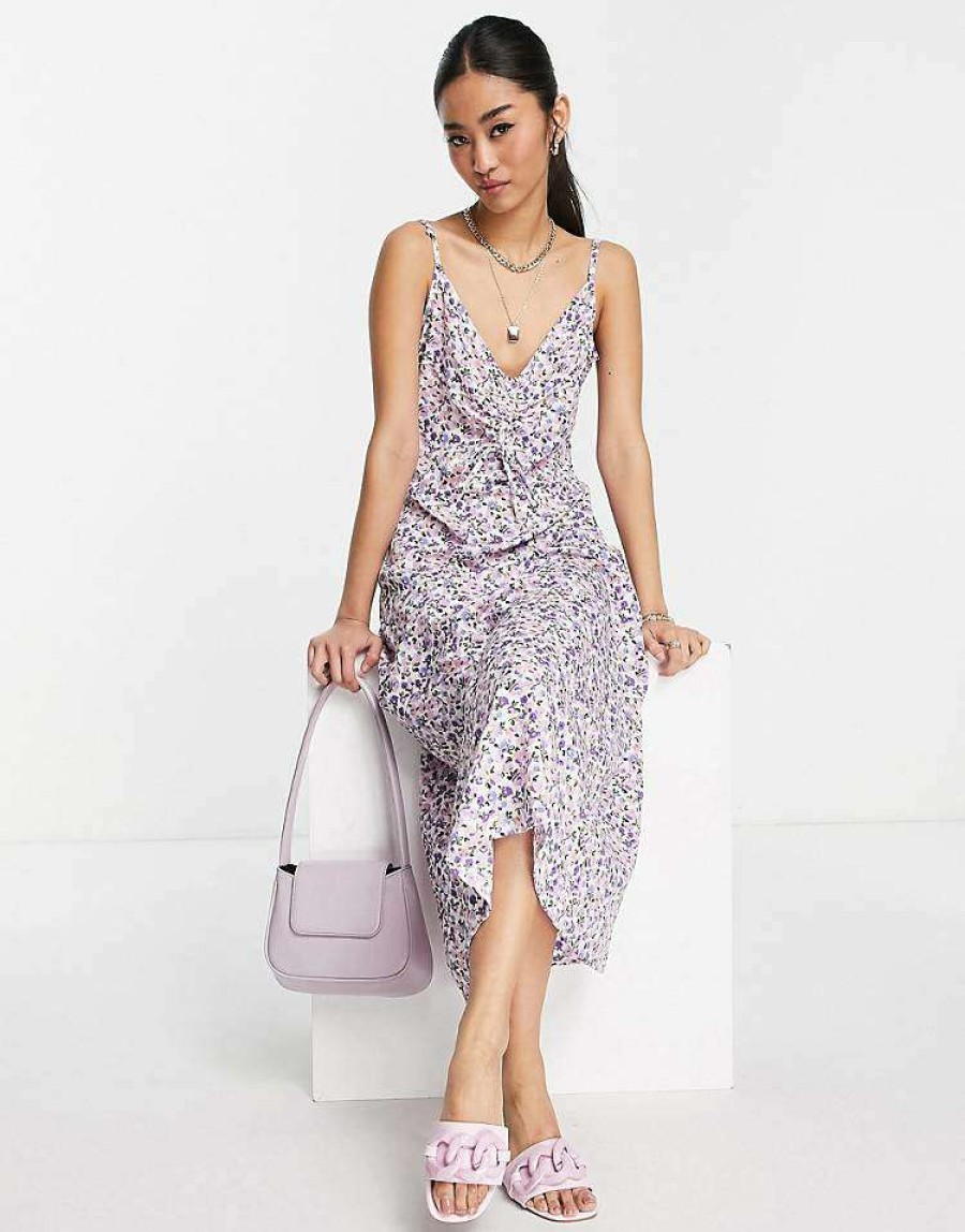 Dresses * | Wednesday'S Girl Ruch Bust Cami Midi Slip Dress In Grunge Lilac Floral For Women Lilac Ditsy