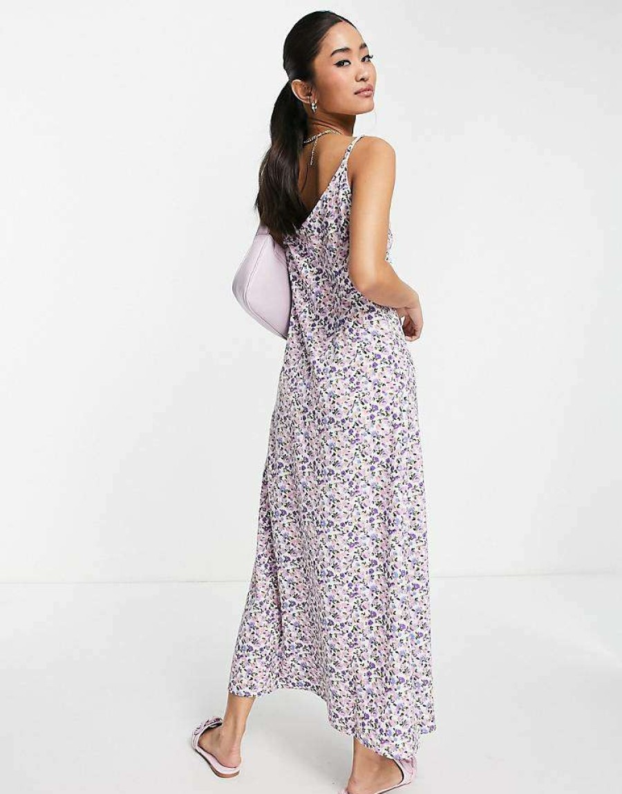 Dresses * | Wednesday'S Girl Ruch Bust Cami Midi Slip Dress In Grunge Lilac Floral For Women Lilac Ditsy