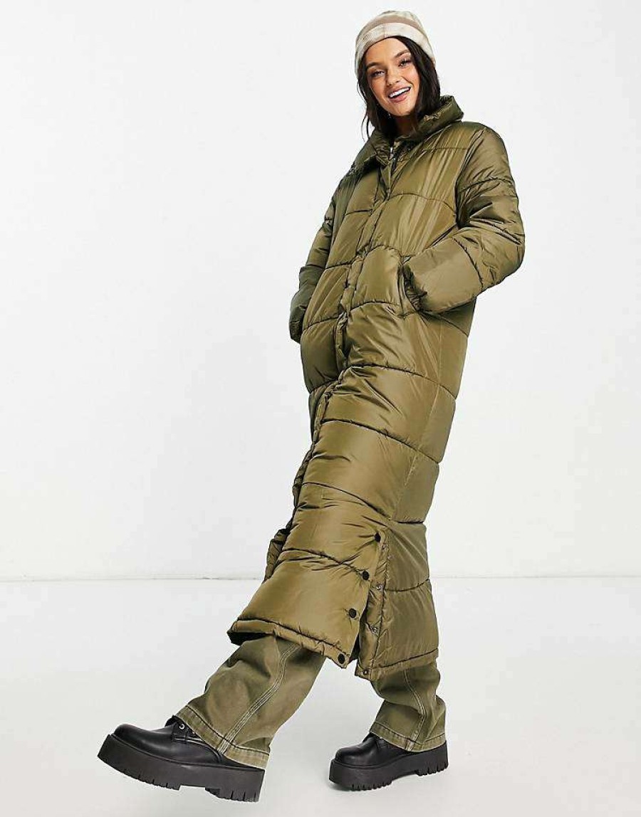 Outerwear * | Wednesday'S Girl Oversized Longline Padded Jacket For Women Khaki