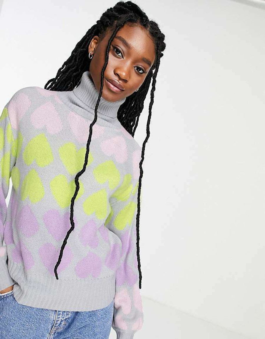 Knitwear & Sweats * | Wednesday'S Girl Roll Neck Jumper In Pastel Heart Knit For Women Grey Multi Heart