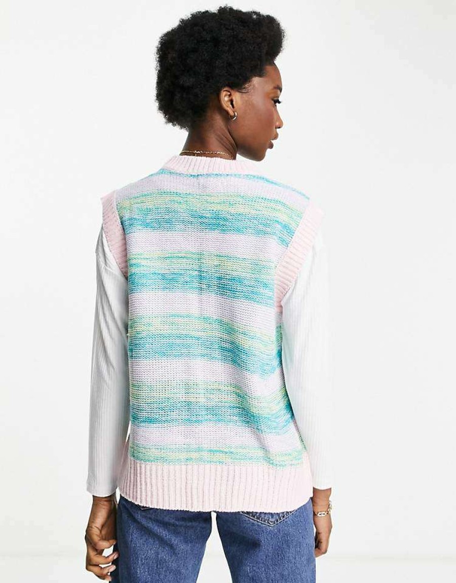 Knitwear & Sweats * | Wednesday'S Girl Oversized Sweater Vest In Vintage Stripe Knit For Women Pastel Stripe