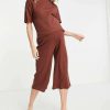 Underwear & Nightwear * | Wednesday'S Girl Maternity Relaxed Pyjama T-Shirt And Trousers Set In Waffle For Women Brown