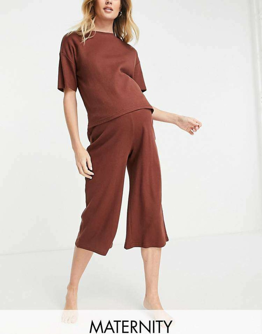 Underwear & Nightwear * | Wednesday'S Girl Maternity Relaxed Pyjama T-Shirt And Trousers Set In Waffle For Women Brown