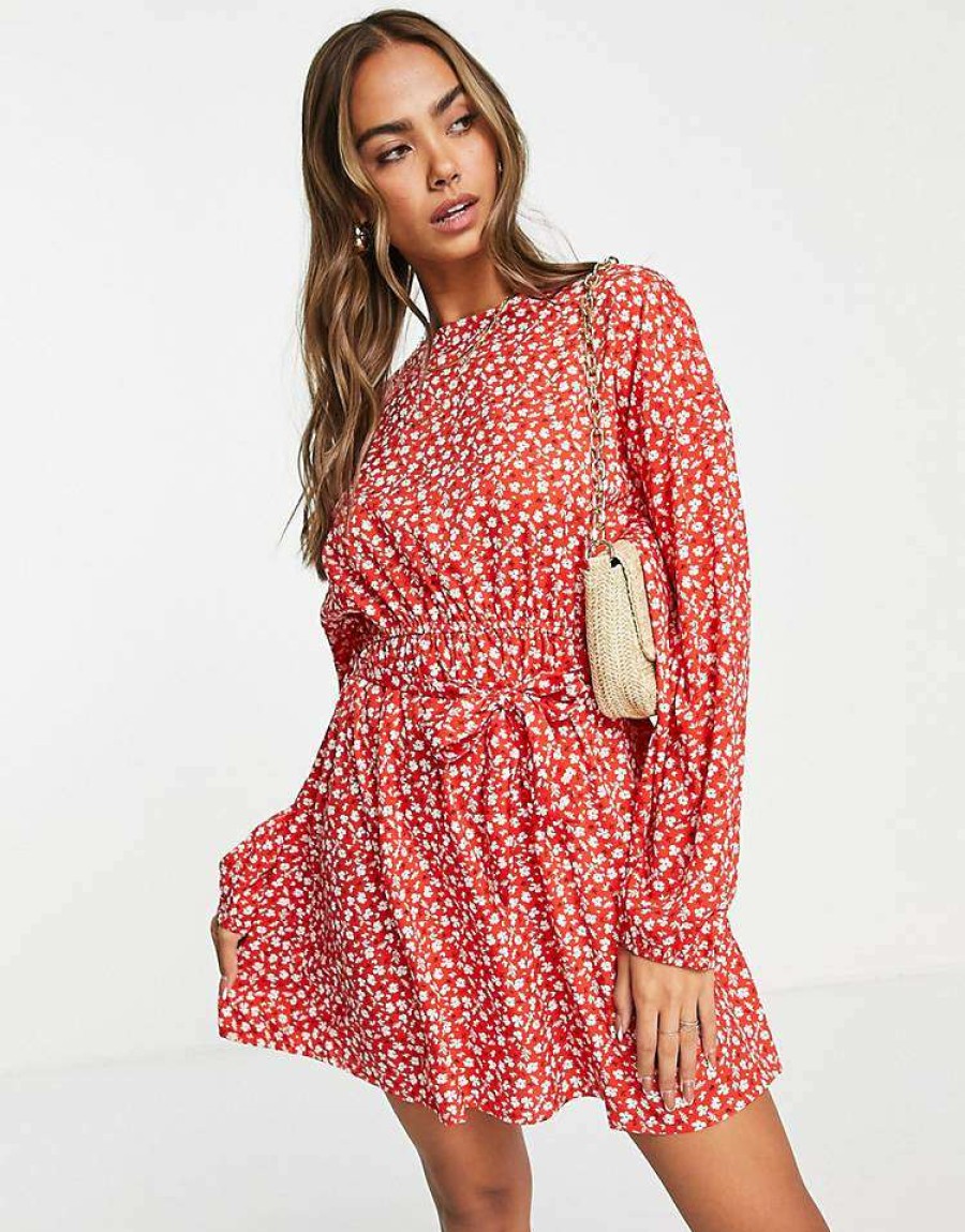 Dresses * | Wednesday'S Girl Long Sleeve Tie Waist Swing Dress In For Women Red Ditsy Floral