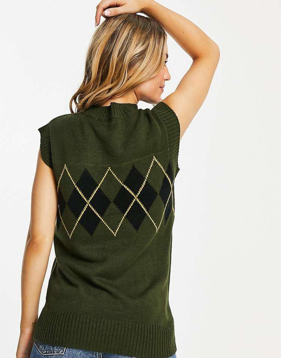 Knitwear & Sweats * | Wednesday'S Girl Relaxed Sweater Vest In Argyle Knit For Women Olive