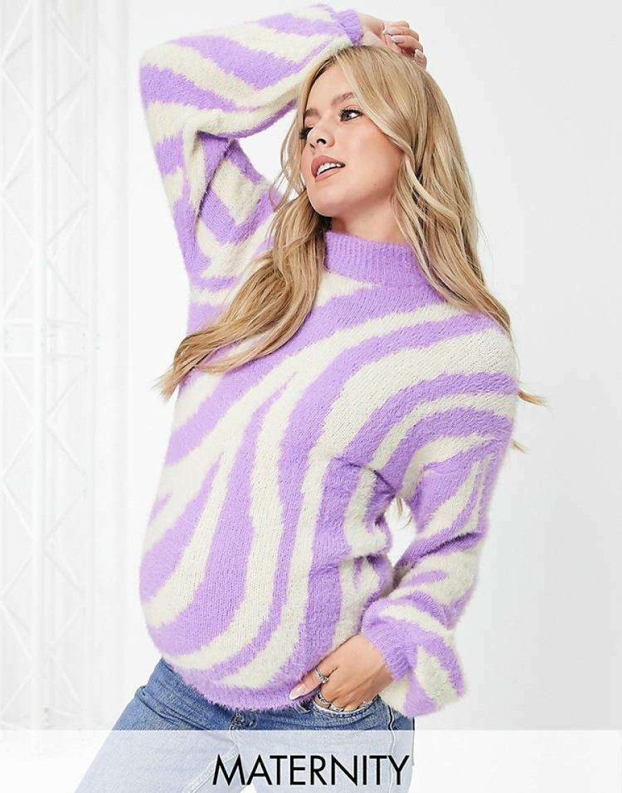 Knitwear & Sweats * | Wednesday'S Girl Maternity Relaxed Jumper With Balloon Sleeves In Zebra Knit For Women Purple Zebra