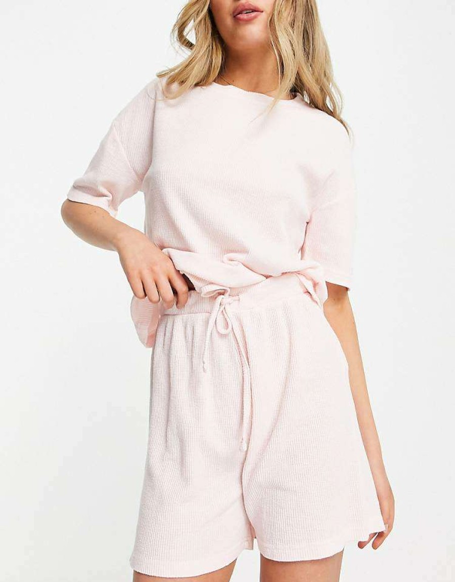 Underwear & Nightwear * | Wednesday'S Girl T-Shirt And Shorts Pyjama Set In Soft Pink Waffle For Women Light Pink Waffle