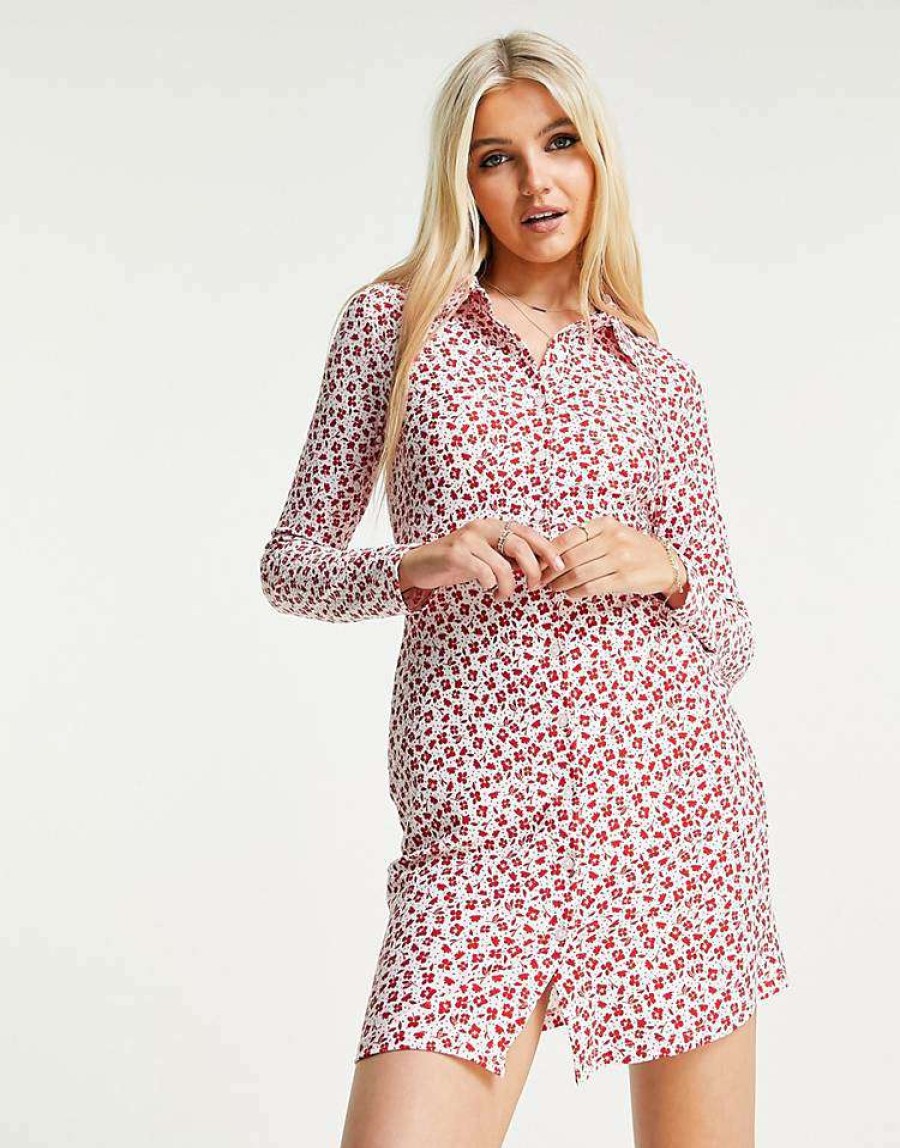 Dresses * | Wednesday'S Girl Long Sleeve Bodycon Shirt Dress In Floral For Women Red Ditsy