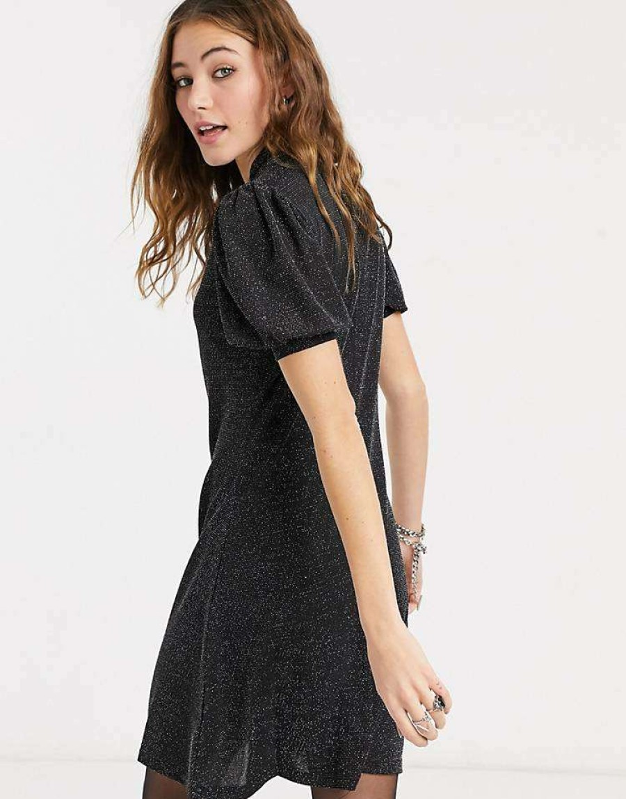 Dresses * | Wednesday'S Girl Mini Dress With High Neck And Keyhole In Glitter For Women Black Glitter