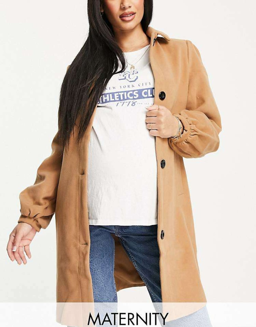 Outerwear * | Wednesday'S Girl Maternity Tailored Coat In For Women Camel