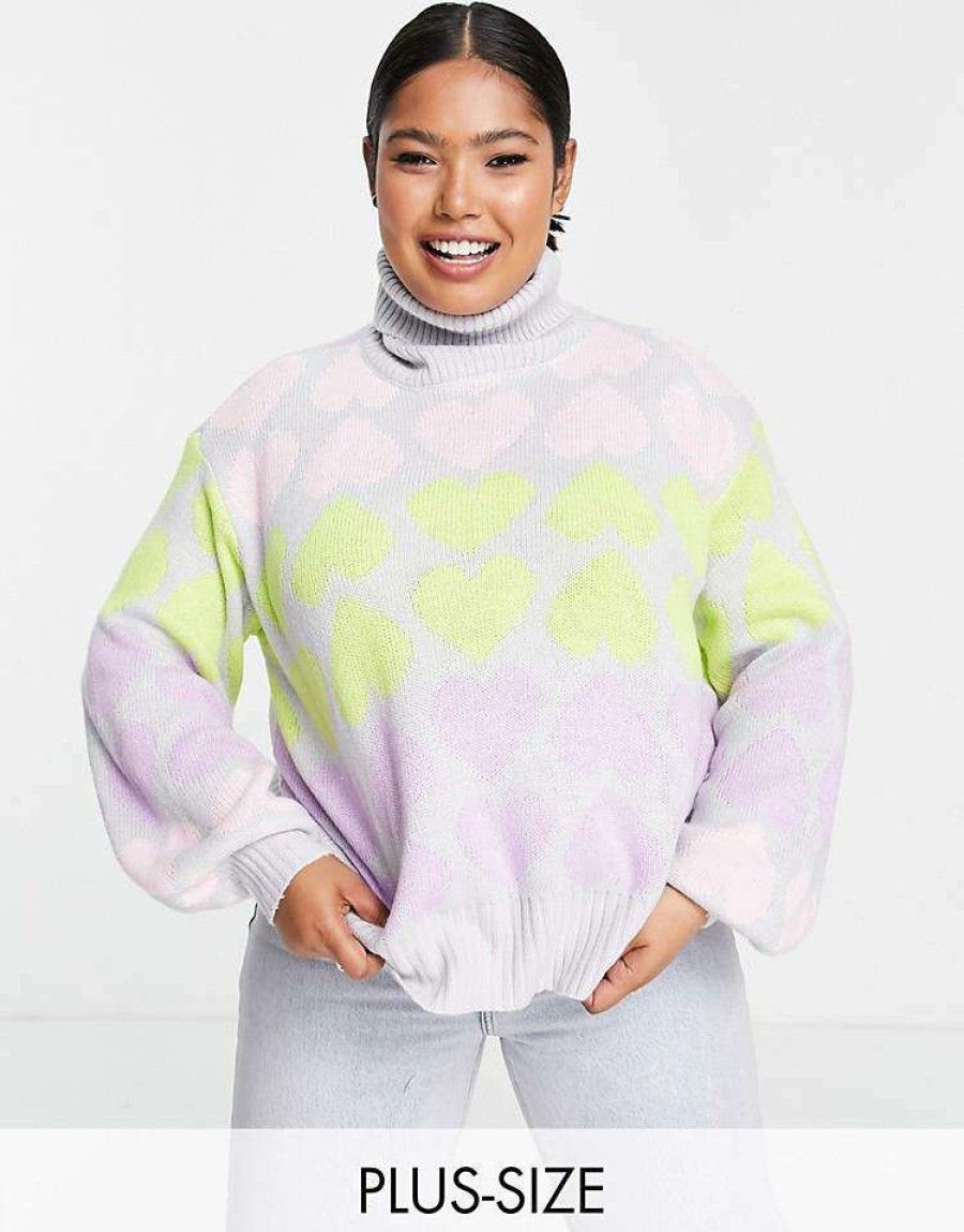 Knitwear & Sweats * | Wednesday'S Girl Curve High Neck Jumper In Pastel Heart Knit For Women Grey Multi Heart