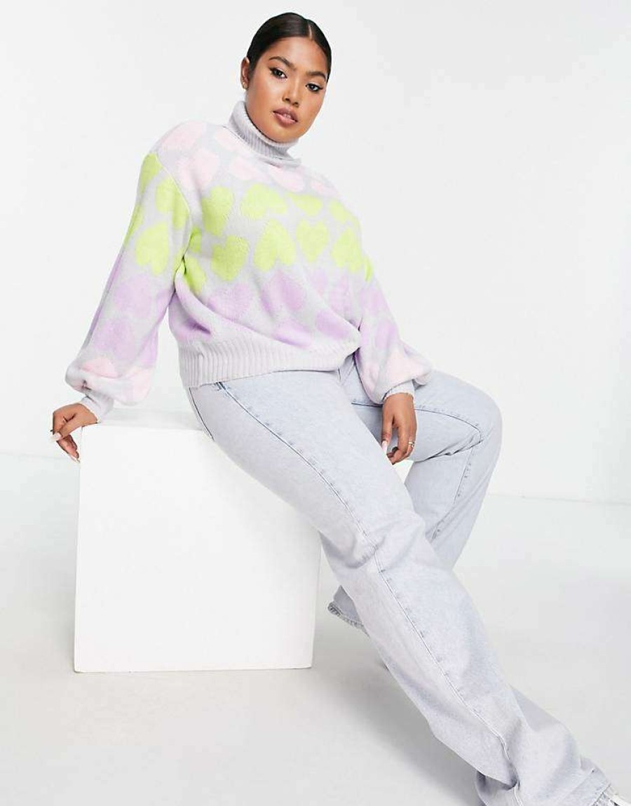 Knitwear & Sweats * | Wednesday'S Girl Curve High Neck Jumper In Pastel Heart Knit For Women Grey Multi Heart