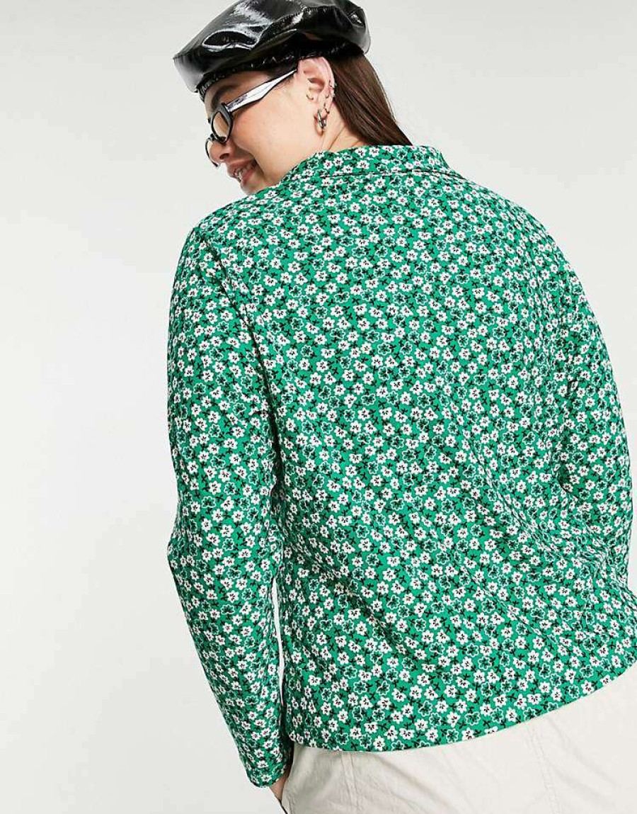 Tops * | Wednesday'S Girl Curve Ruched Front 90S Jersey Shirt In Floral For Women Green Ditsy