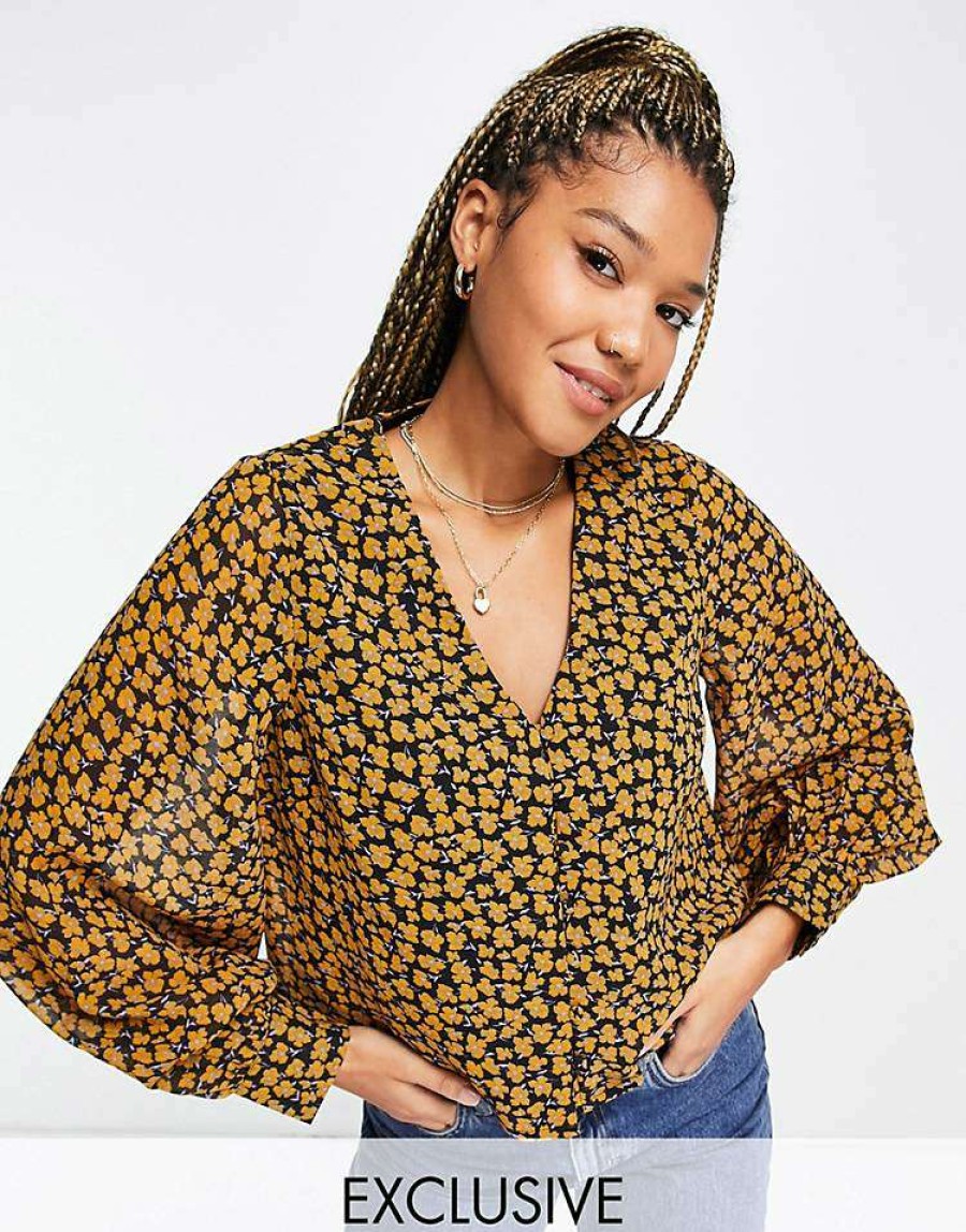 Tops * | Wednesday'S Girl Long Sleeve Tea Blouse With Balloon Sleeves In Buttercup Floral For Women Black Yellow Floral