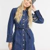 Dresses * | Wednesday'S Girl Belted Mini Dress In Denim For Women Mid Wash Denim