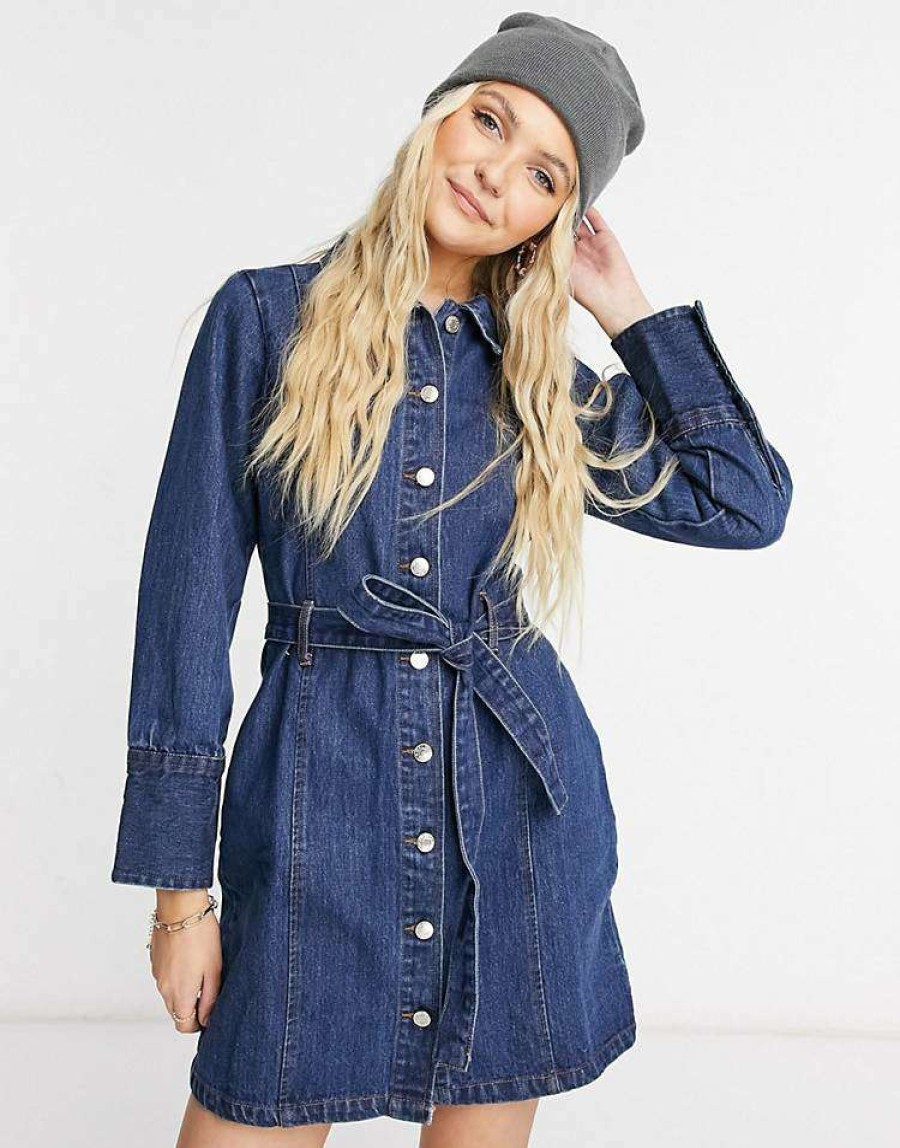 Dresses * | Wednesday'S Girl Belted Mini Dress In Denim For Women Mid Wash Denim