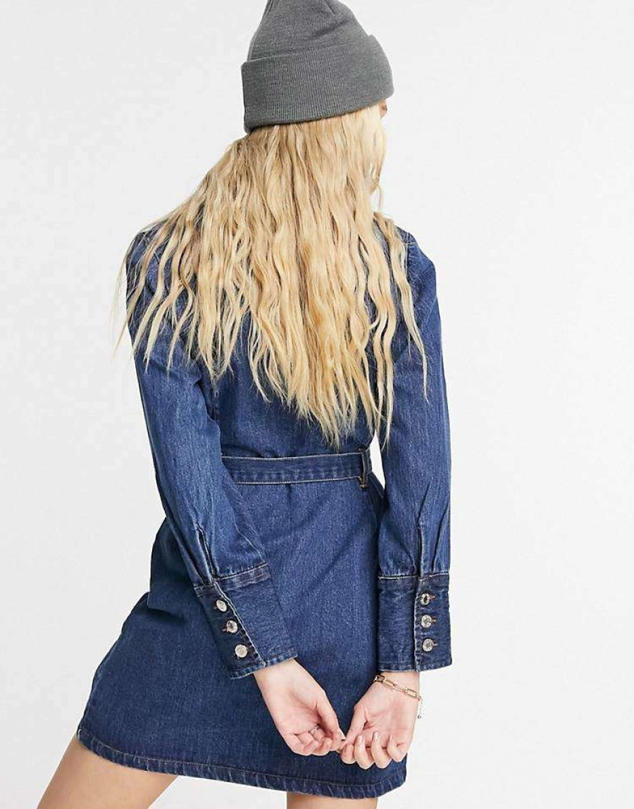 Dresses * | Wednesday'S Girl Belted Mini Dress In Denim For Women Mid Wash Denim