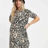 Dresses * | Wednesday'S Girl Maternity Smock Mini Dress With Pleated Front In Grunge Leopard For Women Beige Leopard