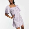 Dresses * | Wednesday'S Girl Relaxed Mini Smock Dress In Daisy Printed Gingham For Women Lilac Daisy Gingham