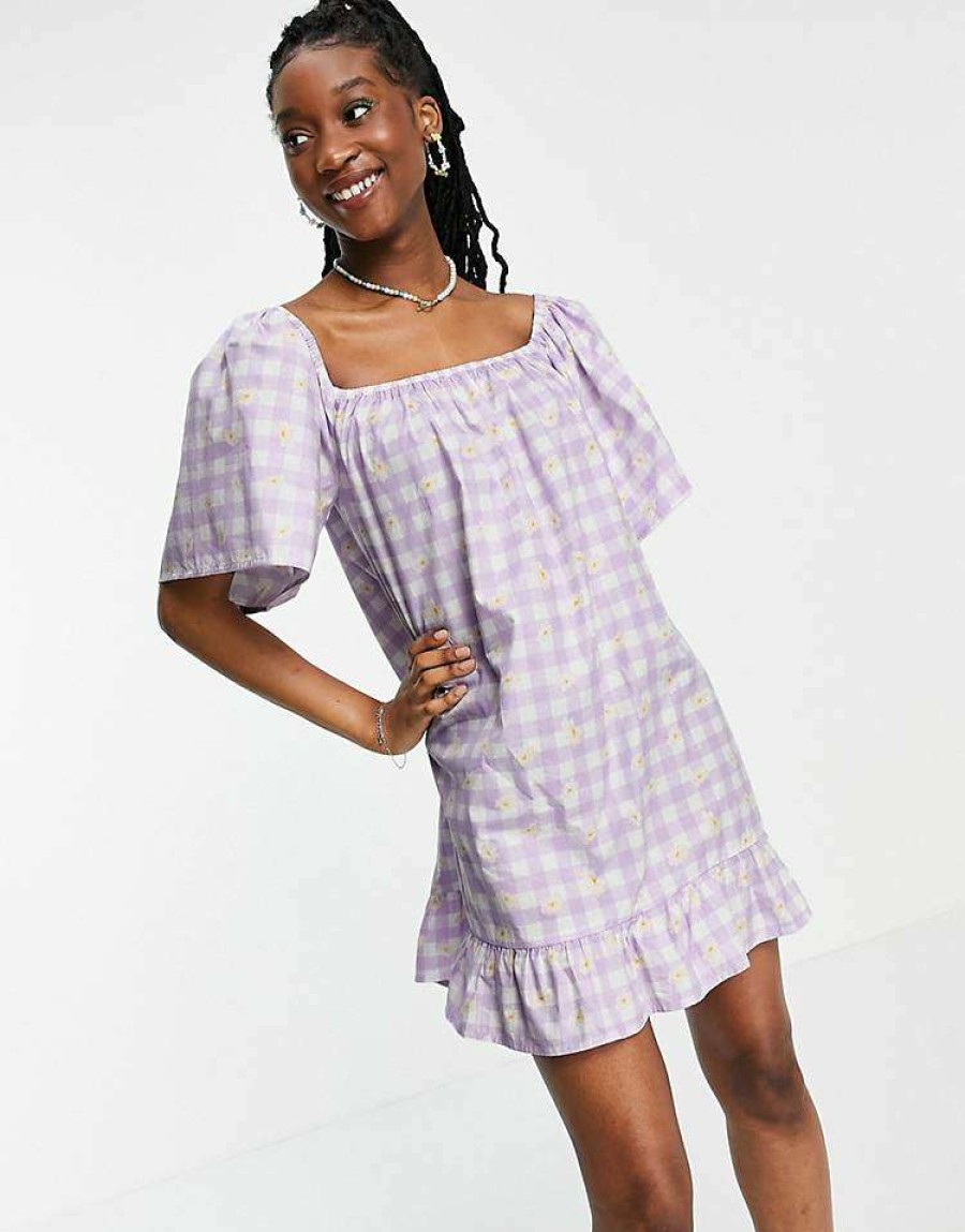 Dresses * | Wednesday'S Girl Relaxed Mini Smock Dress In Daisy Printed Gingham For Women Lilac Daisy Gingham