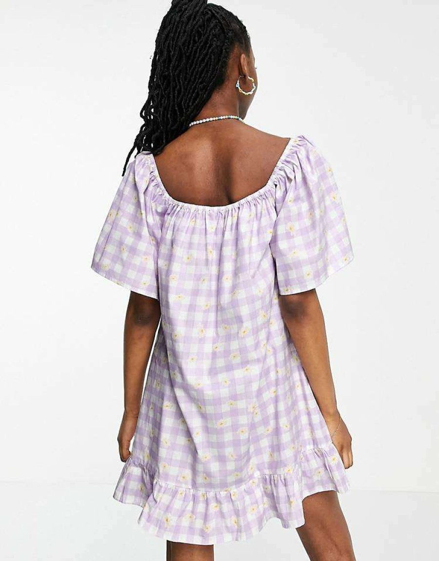 Dresses * | Wednesday'S Girl Relaxed Mini Smock Dress In Daisy Printed Gingham For Women Lilac Daisy Gingham