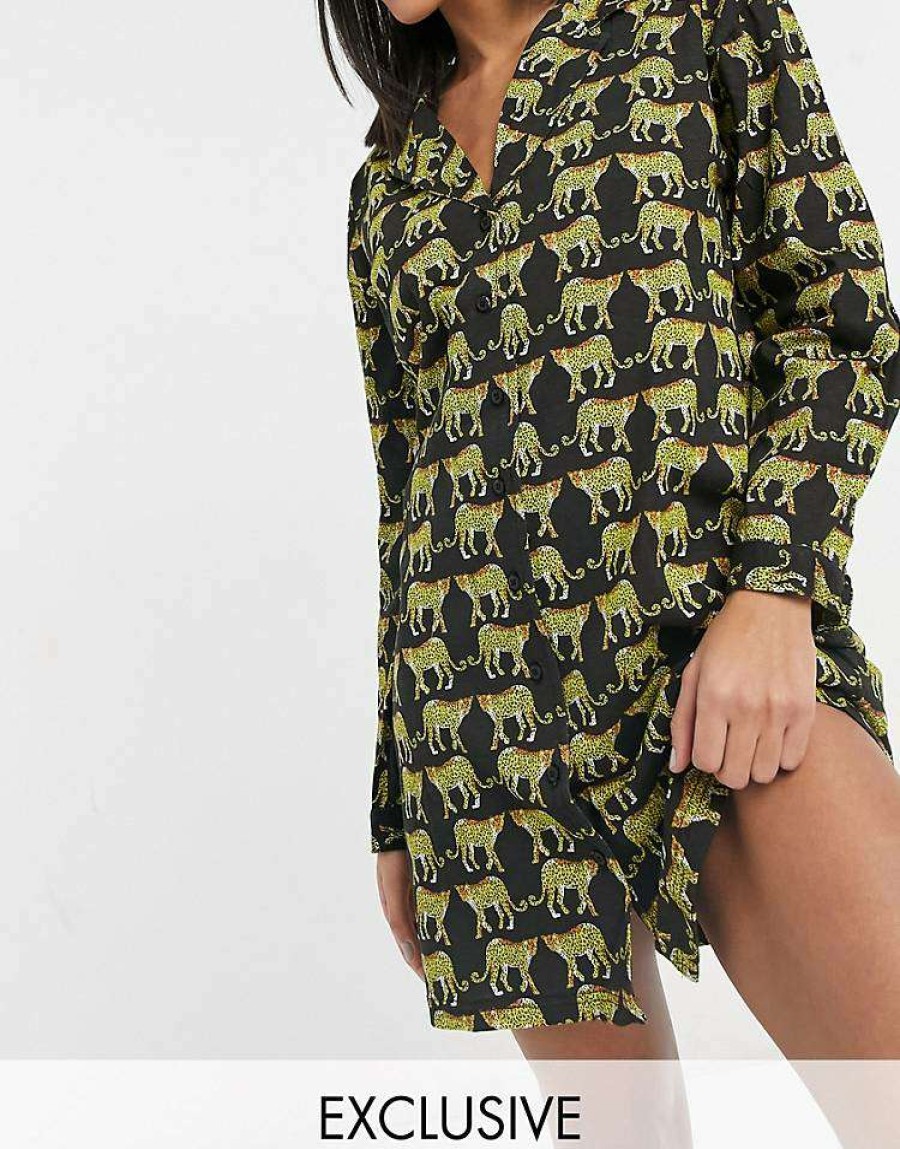 Underwear & Nightwear * | Wednesday'S Girl Relaxed Pyjama Night Dress In Tiger Print For Women Black Tiger