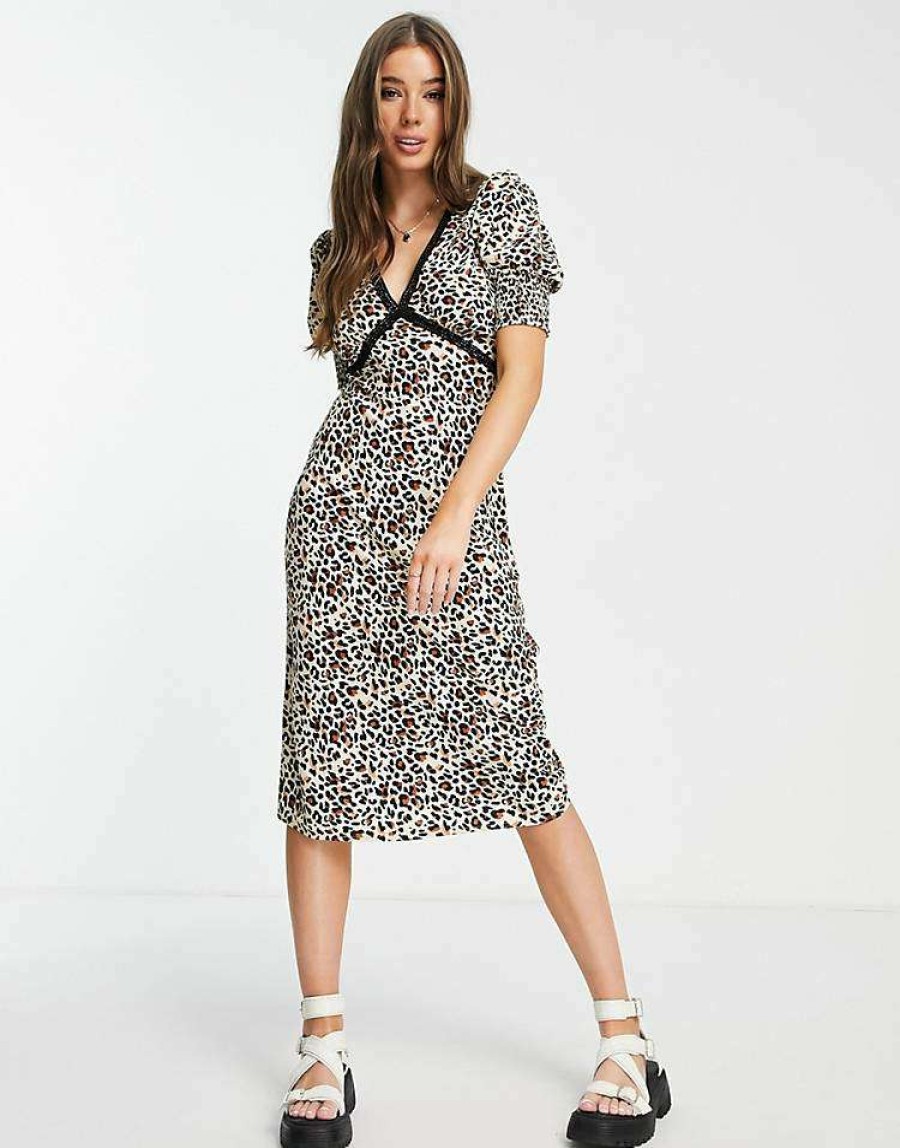 Dresses * | Wednesday'S Girl V-Neck Midi Tea Dress In With Lace Trim For Women Leopard