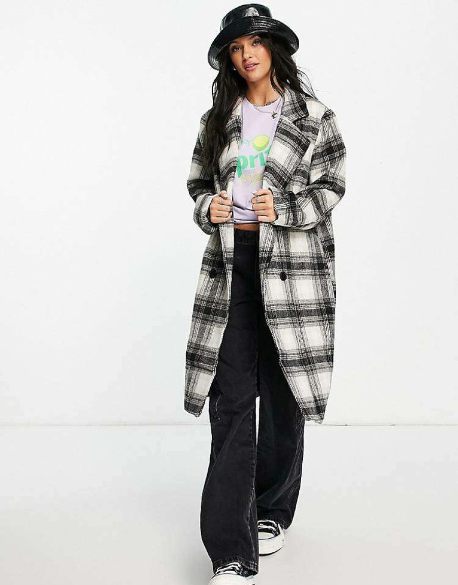 Outerwear * | Wednesday'S Girl Tailored Coat In Monochrome Check For Women Black Cream Check