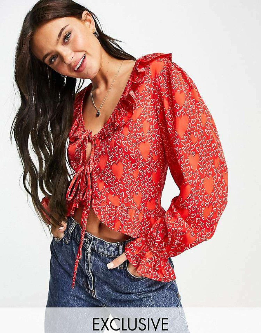 Tops * | Wednesday'S Girl Ruffle Detail Blouse In For Women Red Heart Print