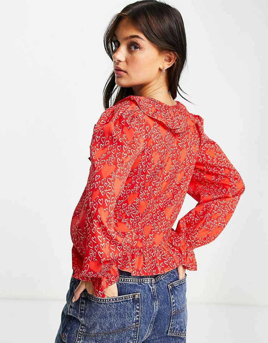 Tops * | Wednesday'S Girl Ruffle Detail Blouse In For Women Red Heart Print