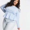 Tops * | Wednesday'S Girl Curve Relaxed Smock Top With Peplum Hem In Smudge Spot For Women Blue Smudge Spot