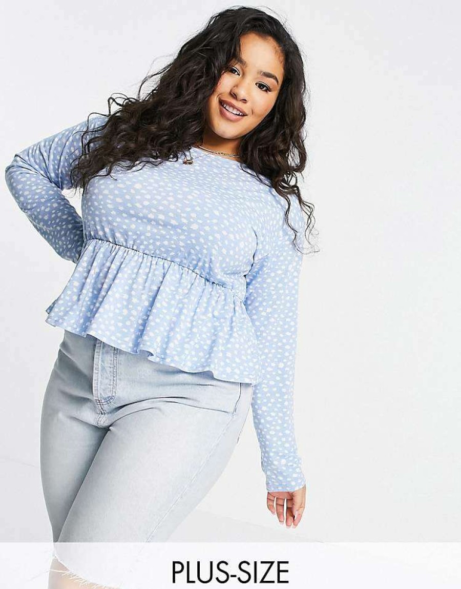 Tops * | Wednesday'S Girl Curve Relaxed Smock Top With Peplum Hem In Smudge Spot For Women Blue Smudge Spot