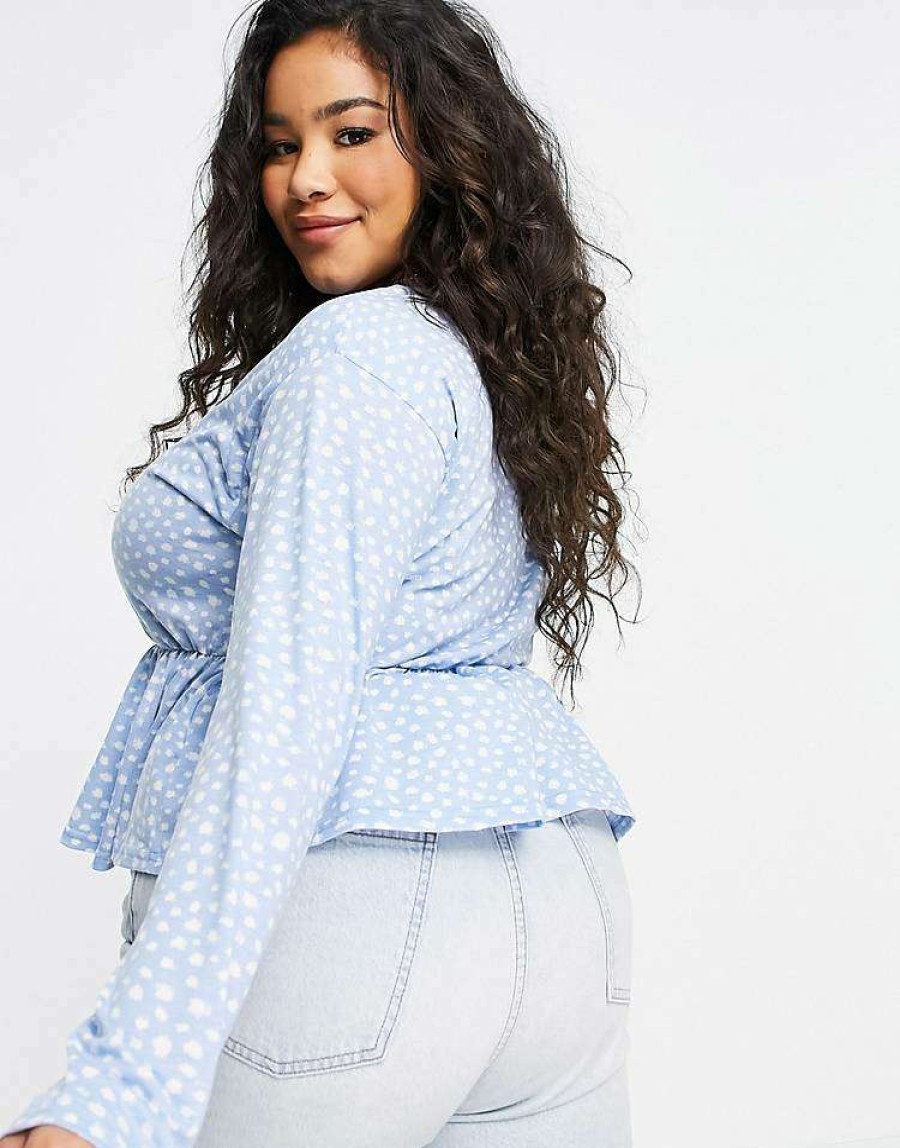 Tops * | Wednesday'S Girl Curve Relaxed Smock Top With Peplum Hem In Smudge Spot For Women Blue Smudge Spot