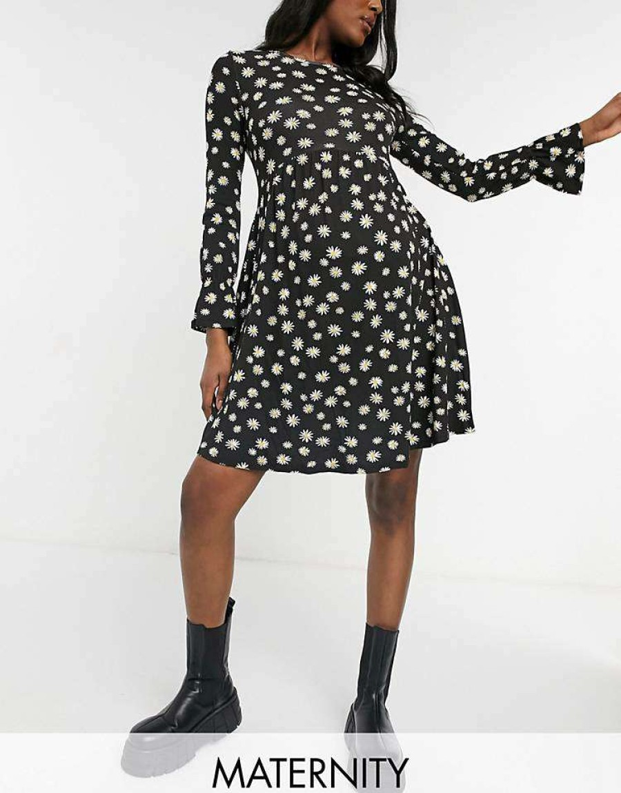 Dresses * | Wednesday'S Girl Maternity Mini Smock Dress In Daisy Print For Women Black Daisy