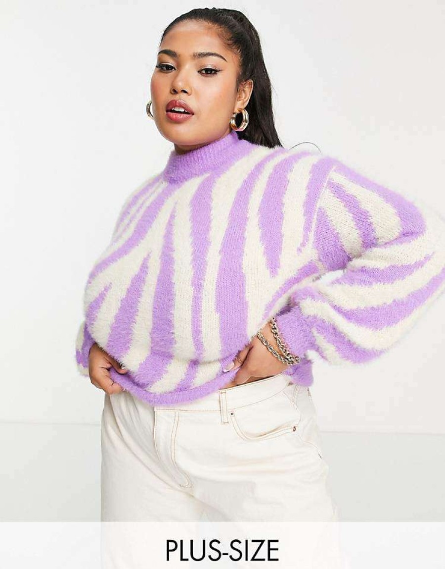 Knitwear & Sweats * | Wednesday'S Girl Curve Relaxed Jumper With Balloon Sleeves In Zebra Knit For Women Purple Zebra