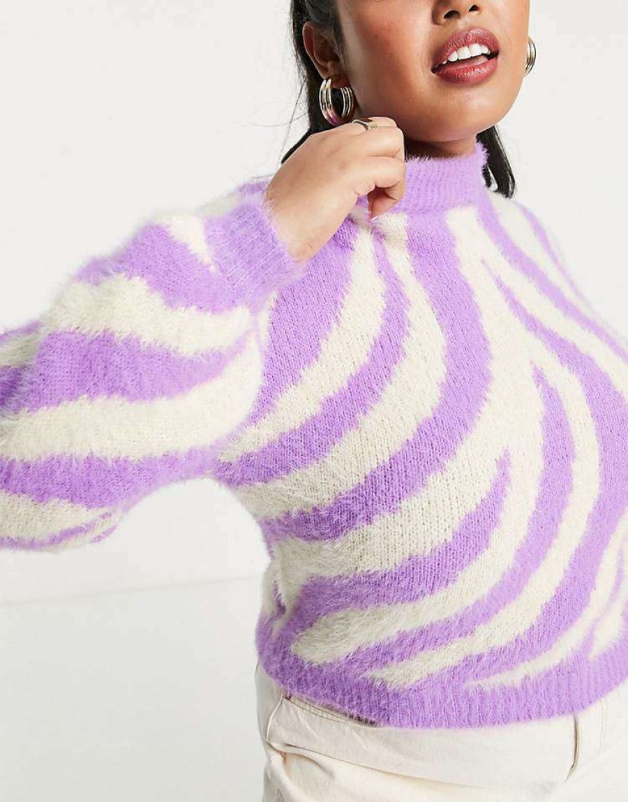 Knitwear & Sweats * | Wednesday'S Girl Curve Relaxed Jumper With Balloon Sleeves In Zebra Knit For Women Purple Zebra