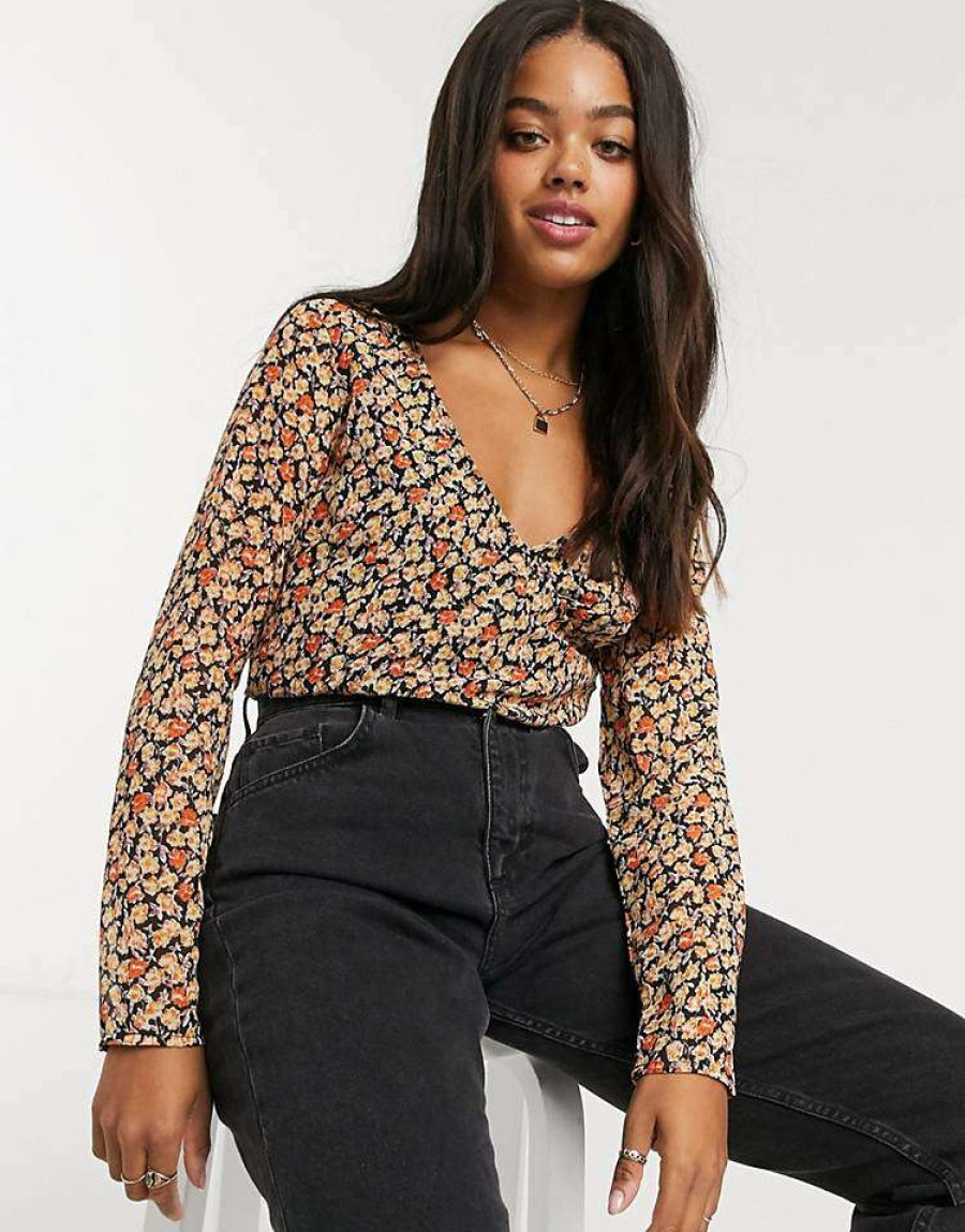 Tops * | Wednesday'S Girl Cropped Wrap Top In Ditsy Floral Co-Ord For Women Yellow Floral