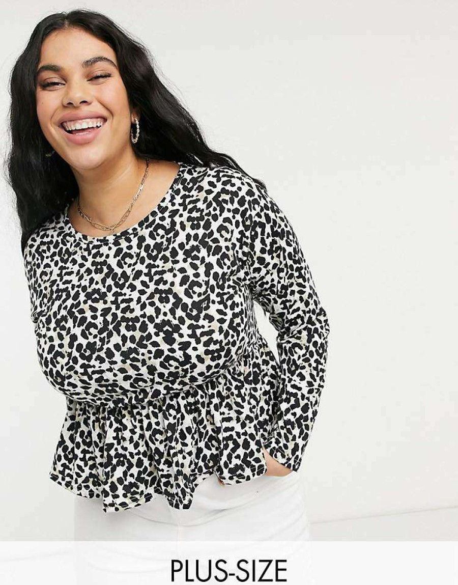 Tops * | Wednesday'S Girl Curve Relaxed Smock Top With Peplem Hem In For Women Leopard Print