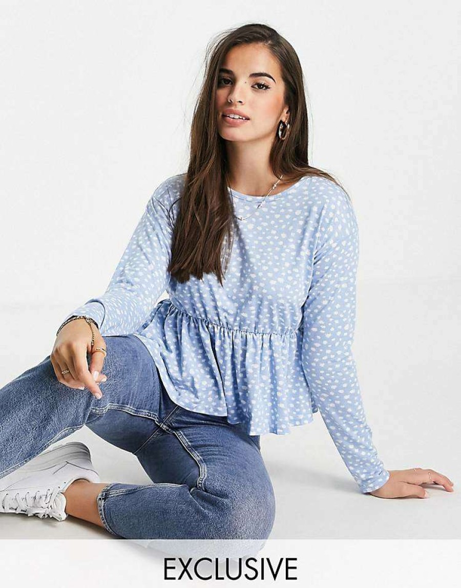 Tops * | Wednesday'S Girl Relaxed Smock Top With Peplum Hem In Smudge Spot For Women Blue Smudge Spot