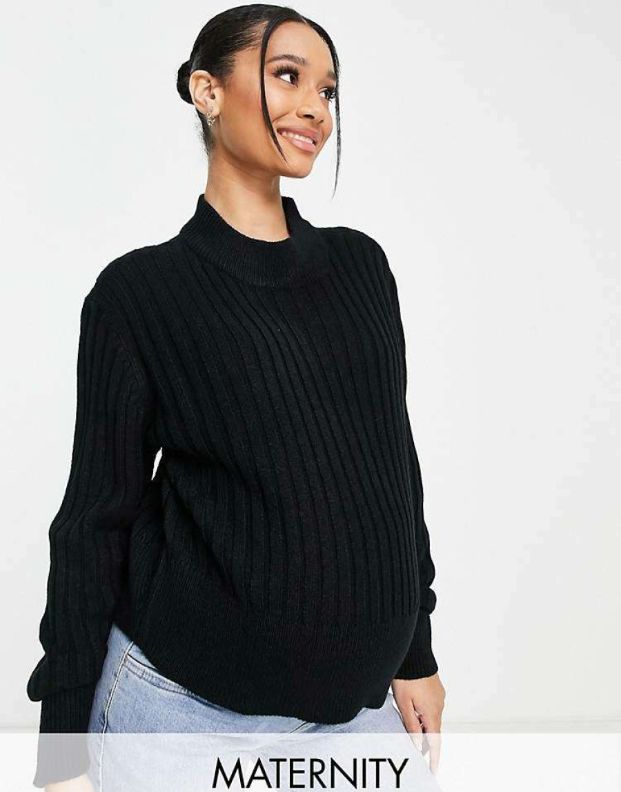 Knitwear & Sweats * | Wednesday'S Girl Maternity Ultimate Relaxed Jumper In Rib Knit For Women Black