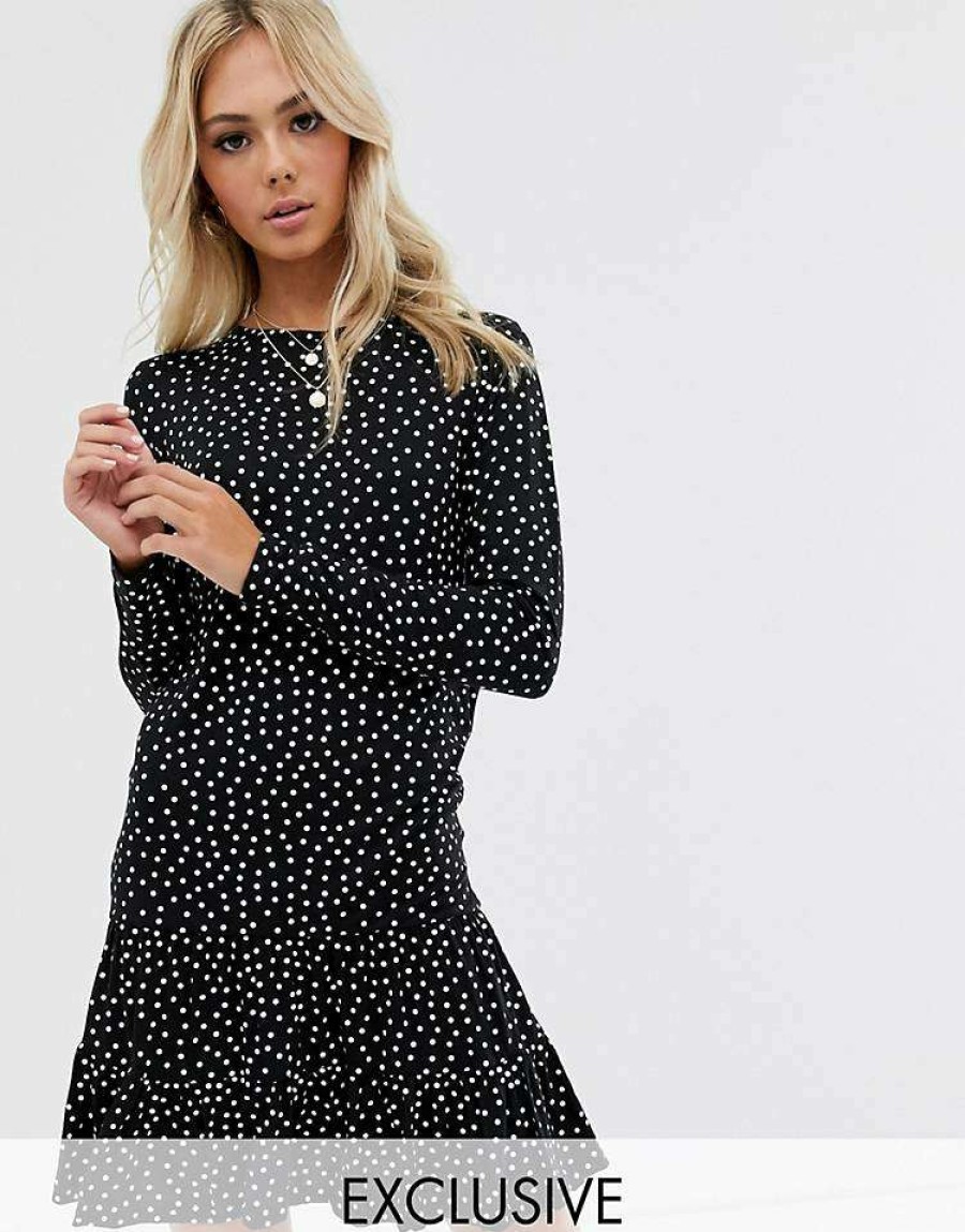 Dresses * | Wednesday'S Girl Long Sleeve Dress With Peplum Hem In Spot Print For Women Black White Spot