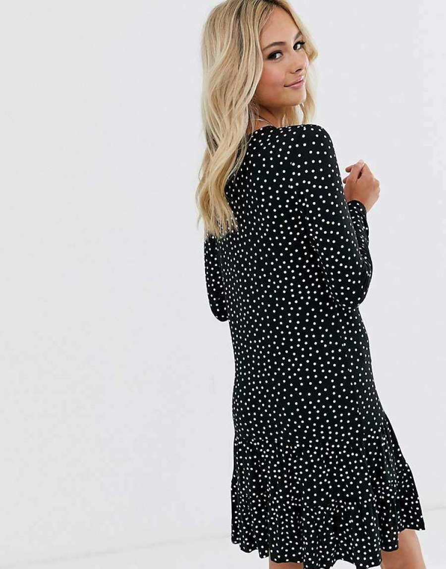 Dresses * | Wednesday'S Girl Long Sleeve Dress With Peplum Hem In Spot Print For Women Black White Spot