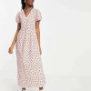 Dresses * | Wednesday'S Girl Maxi Dress With Puff Sleeves And Full Skirt In Pretty Floral For Women Pink Red Floral