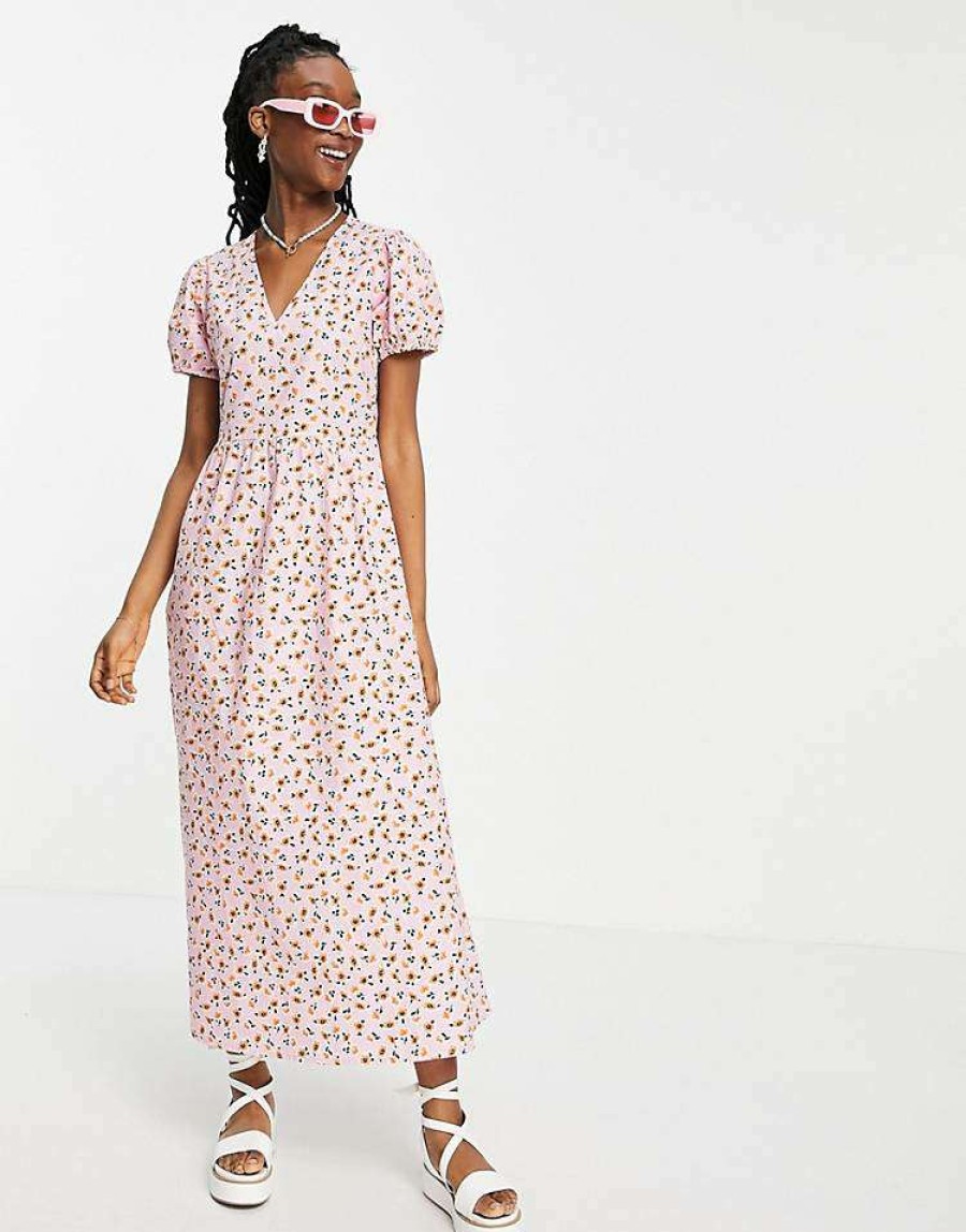 Dresses * | Wednesday'S Girl Maxi Dress With Puff Sleeves And Full Skirt In Pretty Floral For Women Pink Red Floral