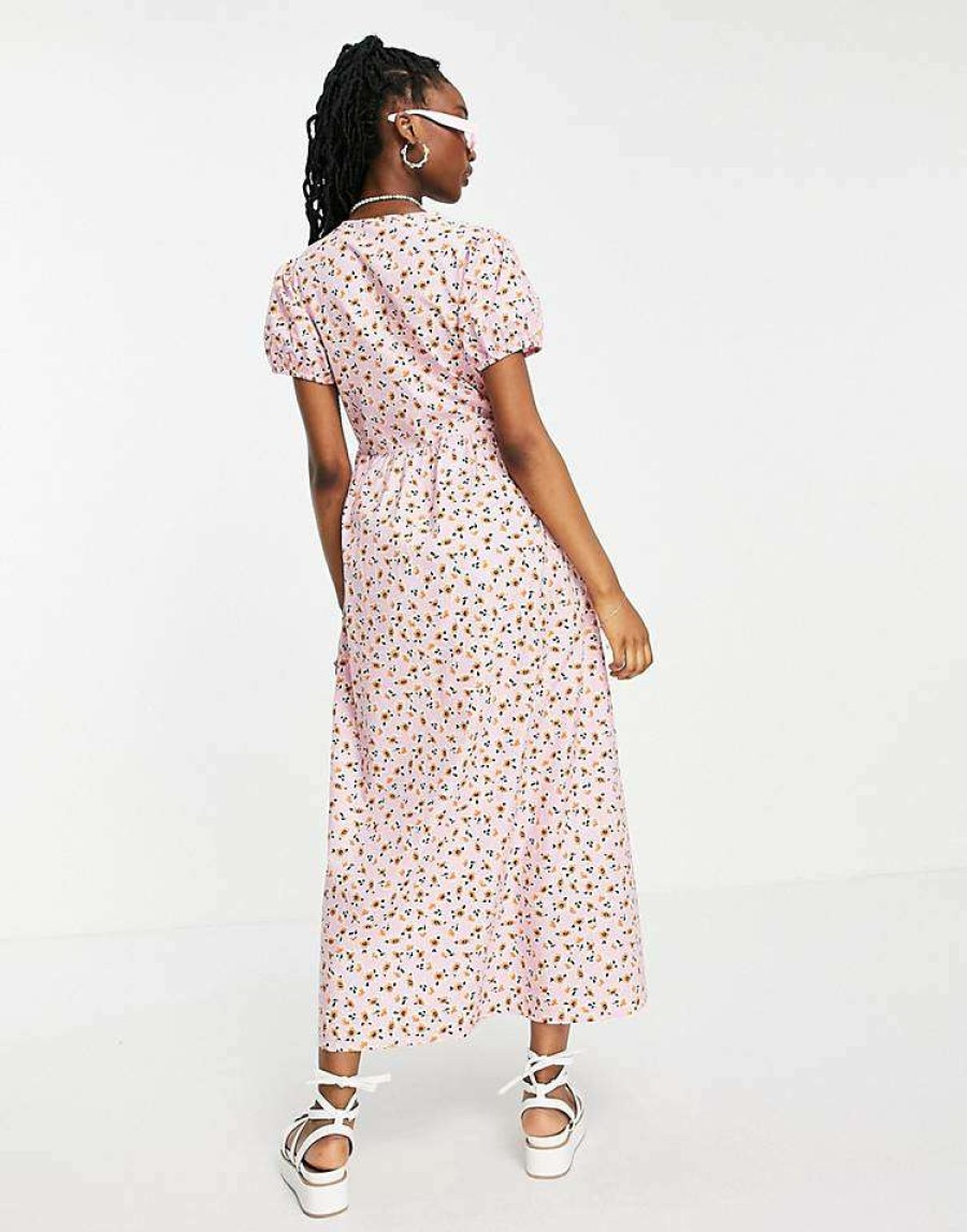 Dresses * | Wednesday'S Girl Maxi Dress With Puff Sleeves And Full Skirt In Pretty Floral For Women Pink Red Floral