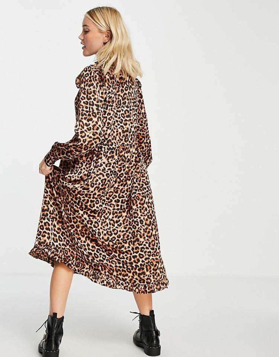 Dresses * | Wednesday'S Girl High Neck Midi Smock Dress With Frill Detail In For Women Leopard