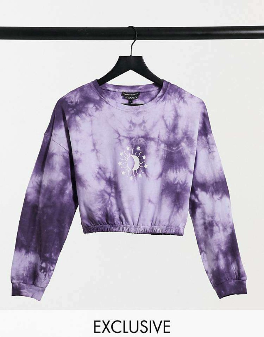 Knitwear & Sweats * | Wednesday'S Girl Cropped Sweatshirt With Celestial Print In Tie Dye Co-Ord For Women Purple Tie Dye