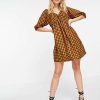 Dresses * | Wednesday'S Girl Mini Smock Dress With Puff Sleeves In Contrast Gingham For Women Rust Black Check